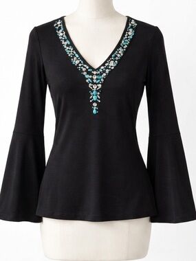 Boston Proper Black Turquoise Crystal Bead Embellished V-Neck Top Bell Sleeve S